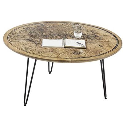 DEINE TANTE EMMA Napoca-Tavolino da Salotto Rotondo, Stampa Planisfero e Struttura in Metallo, Legno di Mango Massiccio, Marrone, BxHxT ca.: 90 x 46 x 90 cm