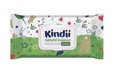 Kindii chusteczki nawilżane dla niemowląt i dzieci Natural Balance - działanie ochronne, nawilżają, regenerują - delikatny zapach - Alantoina - Emolient - aloes - neutralne pH - 720 szt. - 12x60 szt.