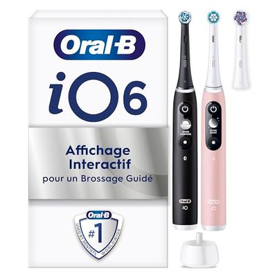 Oral-B iO 6 Lot De 2 Brosses A Dents Electriques Pour Adultes, Noire Et Rose, 5 Modes De Nettoyage Avec Soin Des Gencives, Blancheur, Brossette Ronde, 1 Chargeur, 3 Embouts Oral B De Rechange
