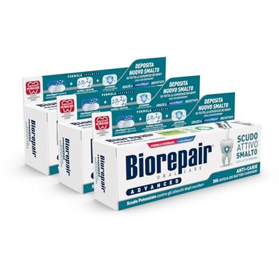 Biorepair, Zaawansowana pasta do zębów, aktywna tarcza przeciw próchnicy, 3 opakowania po 75 ml, antybakteryjna, zwalcza płytkę nazębną i próchnicę, chroni szkliwo przed agresją bakteryjną