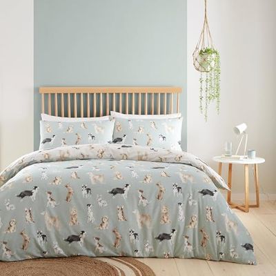 Fusion – Duck Egg Blue Dog påslakan – enkelsäng storlek (140 x 200 cm) – vändbar design (beige och anka ägg blå) – hundtassavtryck sängkläder – djurtryck – Shih Tzu, fransk tjur och pudlar hundar