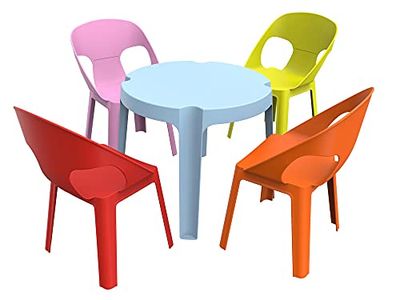 RESOL Rita conjunto mesa infantil com cadeiras, 4 cadeiras para crianças e mesa de plástico, empilháveis e muito fácil de limpar e manutenção, conjunto Rita 4 (mesa azul 4 cadeiras