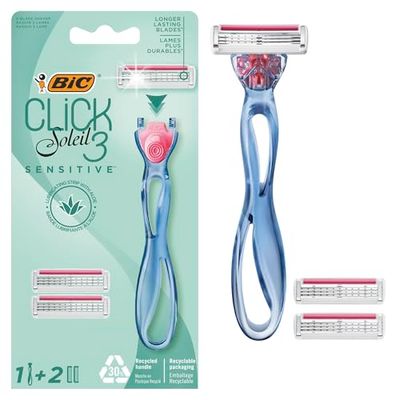 BIC Click 3 Soleil Sensitive - Rasoir Rechargeable pour Femme à 3 Lames et Bande Lubrifiante pour un Rasage Précis et Doux - Boîte de 1 Manche + 2 Recharges