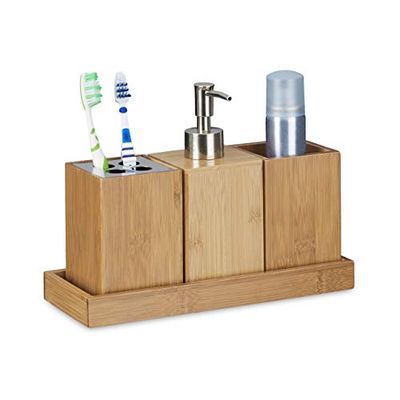 Relaxdays badkamer accessoires, 4-delige set, van bamboe, met tandenborstelhouder, zeeppomp, beker en zeepbakje, natuur