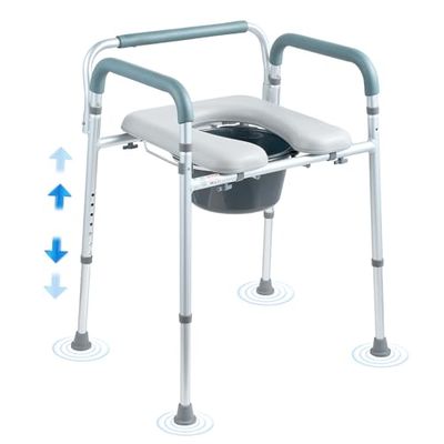 VEVOR Commode stoel, bedcommode met gewatteerde zitting en armen, 7 niveaus verstelbare hoogte, 5,8 l verwijderbare emmer, eenvoudig te monteren, 350 lbs capaciteit, verhoogde toiletbril voor