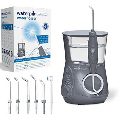 Waterpik Ultra Irrigador de Sobremesa Profesional con Agua a Presión y Sistema Avanzado de Control de Presión Mediante 10 Posiciones con 7 Boquillas, Eliminación de Placa Dental, Gris (WP-667UK-EU)