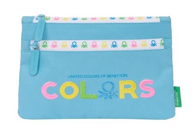 BENETTON Spring Schooletui met dubbele ritssluiting, comfortabel en veelzijdig, eenvoudige reiniging, 23 x 3 x 16 cm, hemelsblauw, Lichtblauw, Standaard, casual