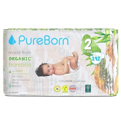 PureBorn Eco Organic Bambusowe pieluchy, Rozmiar 2 (3-6 kg), 192 sztuki (6x32), Hipoalergiczne, Ultra miękkie, Ekologiczne, Różne Nadruki, Wskaźnik Wilgotności