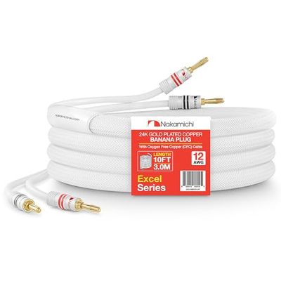 Nakamichi Excel-serie 24K vergulde bananenstekker (10 voet) 99,9% zuurstofvrij koper (OFC) zwaar gevlochten luidsprekerkabel voor hifi-thuisbioscoopversterker - Wit (12AWG / 10ft / 3,0 m)
