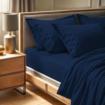 Premium Dark Blue Ranforce King Fitted Sheet (160 x 200 + 30 cm) | 100% bomull, 145 trådkvantitet | maskintvättbar vid 30 °C | Mjuk och hållbar bäddning