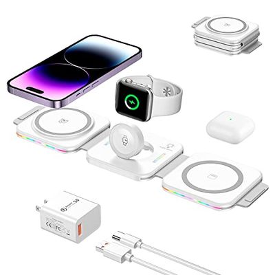 BOCLOUD Station de Charge sans Fil 3 en 1,Magnétique Chargeur Pliable Portable Lumière colorée Pad de Charge Rapide Compatible avec i.Phone 14/13/12/11/XR/XS/8 Série,S22/21/20, iWatch/AirPods (Blanc)