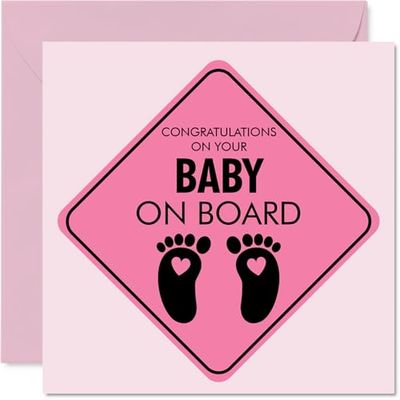 New Baby Girl Card - Baby on Board - Well Done Congratulations Card for Friends Family Colleague Neighbour, 145mm Welcome To The World Greeting Cards