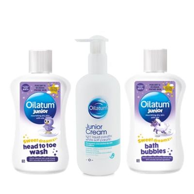 Oilatum Junior Cream (1 x 350ml) & Junior Sweet Dreamz Bath Bubbles (1 x 300ml) & Junior Sweet Dreamz Head to Toe Wash (1 x 300ml), For Dry, Sensitive & Eczema-Prone Skin, Hydrating Cleanser for Kids