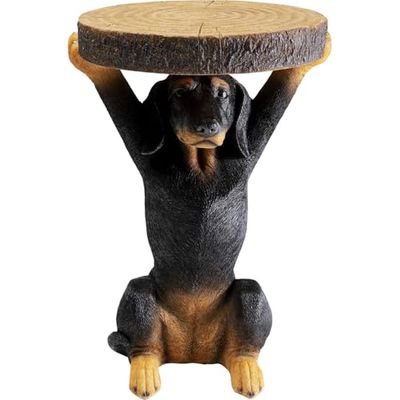 Kare Mesa Auxiliar de diseño Animal Bassotto, Negro, 32 cm de diámetro, Redonda, Ligera, Aspecto de Madera, Estable, diseño de Animales, Mesa de café, Mesa de salón, poliresina, 52 x 35 x 31 cm (Alto