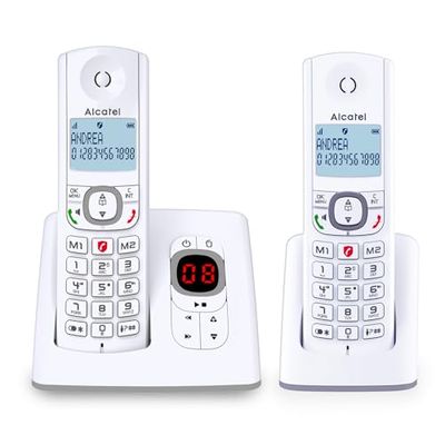 ALCATEL F530 Voice Duo - Téléphone Fixe Sans Fil DECT Avec Répondeur - Grand Écran Rétroéclairé - Mains Libres - Fonction Blocage Des Appels - 2 Touches De Mémoires Directes - 2 Combinés - Blanc/Gris