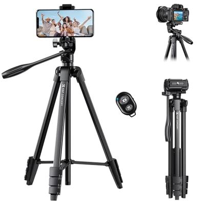 K&F Concept 152cm Camerastatief, Statief voor smartphone met mobiele telefoonhouder, licht Reisstatief met Bluetooth Afstandsbediening, Fotostatief voor Canon, Nikon, Sony, iPhone, Samsung, Huawei