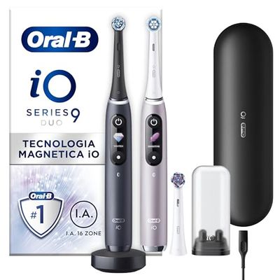 Oral-B Spazzolino Elettrico Ricaricabile iO 9 Nero e Rosa, 3 Testine Di Ricambio, 1 Custodia Da Viaggio Ricaricabile, Confezione Doppia. 2 Spazzolini
