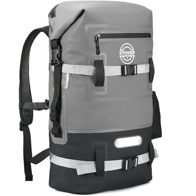 STOVER Waterdichte Rugzak Heavy Duty Roll-Top Sluiting Drijvende Dry Bag met Voorzak Gewatteerde Gewatteerde Achterpaneel en Reflecterende Strip, Grijs, Dry Bag Rugzak