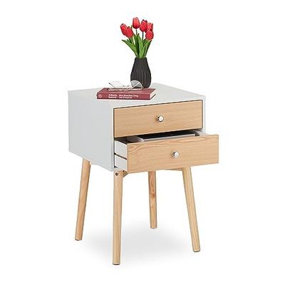 Relaxdays Bedside Table, with 2 Drawers, HWD: 60x40x40 cm, Bedroom Cabinet, Children's Room, Nightstand, White/Natural, Fibreboard, 60 x 40 x 40 cm