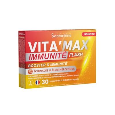 Santarome - Vita'Max Booster Immunité Flash - Complément alimentaire immunité - Soutient les défenses immunitaires - Vitamines, Minéraux, Echinacée, Eleuthérocoque - 30 comprimés - France