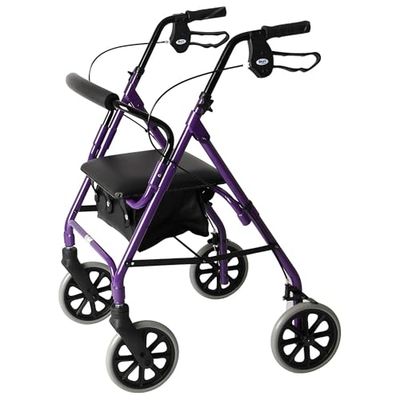 DAYS Lichtgewicht opvouwbare vierwielige rollator, mobiliteitsrollator met gewatteerde zitting, afsluitbare remmen en draagtas, beperkte mobiliteitshulp, voor ouderen of gehandicapten, paars,