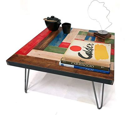 Artefizio Tavolino da Caffè Colorato Personalizzabile. Piano in Legno, Pallet, con Cornice in Acciaio Grezzo. Gambe a Forcina (Paul Klee, Pianta quadrata 80x80 cm - altezza gambe 30 cm)
