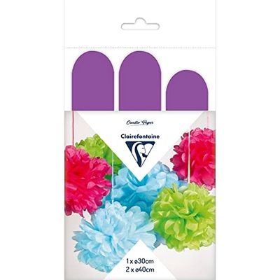 Clairefontaine 395411C set med 3 pompons sidenpapper, Ø 30 cm x 1 + Ø 40 cm x 2, perfekt för dekoration och pysselprojekt, 1 set, violett