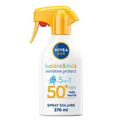 NIVEA SUN Solar Pistolet Babies & Kids Sensitive Protect FPS 50+ (1 x 270 ml), Ultra wodoodporny spray przeciwsłoneczny, filtr przeciwsłoneczny, opracowany dla delikatnej skóry dzieci