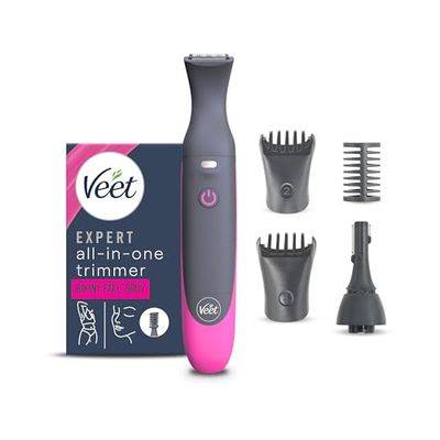Veet Expert All-In-One Trimmer, Rasoio elettrico donna, Viso e parti intime, Epilatore elettrico donna 100% waterproof, 2 testine e 3 pettini guida, Rasatura ad alta precisione, Cordless
