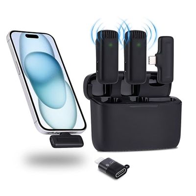 NK Draadloze microfoon met oplaadkoffer, lavalier-microfoon voor iPhone/Android, plug & play, 2 microfoons voor Tiktok/Twtch/YouTube/vlog, ruisonderdrukking, zonder app