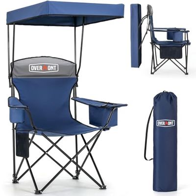 OVERMONT Campingstol med skärmtak och kylare – stöd, 150 kg, överdimensionerad, hopfällbar strandstol med paraply, kopphållare – kylväska – lounge för sandresor utomhus pool, sport, blå