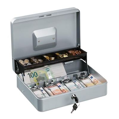Relaxdays Caja Dinero con Llave, Bandeja Monedas y 4 Espacios Billetes, Cajita Hierro, 8,5x30,5x24,5 cm, Plateado, Acero