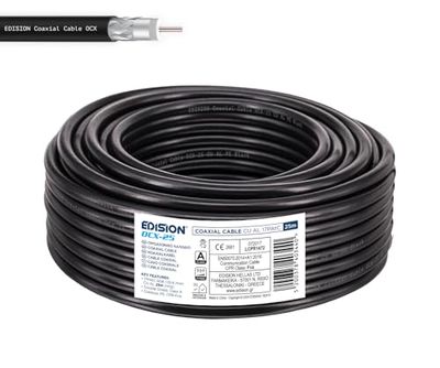 Edision OCX-25 Cable Coaxial 25m, Cable Antena TV Exterior/Interior PE Negro, Cobre CU/AL, 17PAtC, CPR Fca, Clase A, Cable Satélite, para DVB-S2, DVB-T/T2, DVB-C, RADIO, Bobina 25m