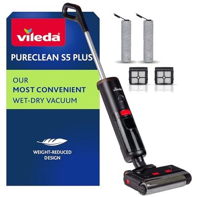 Vileda PureClean S5 Plus, Aspirateur Laveur sans Fil, Aspirateur Sec et Humide, Nettoyeur de Sol Intelligent sans Fil, Auto-Nettoyant, Accessoires supplémentaires (2 Rouleaux et 2 filtres au Total)
