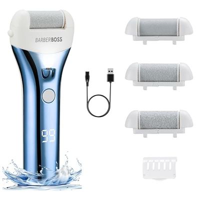 BarberBoss Kit per la rimozione dei calli e pedicure ricaricabile per pelle dura, con 3 rulli, ricarica USB, display a LED e design impermeabile