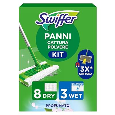 Swiffer Panni Cattura Polvere, 1 Scopa e 8 Panni Microfibra Dry e 3 Panni Lavapavimenti, Cattura Polvere e Sporco, Ottimo per Tutti i Tipi di Pavimenti e per i Peli di Animali