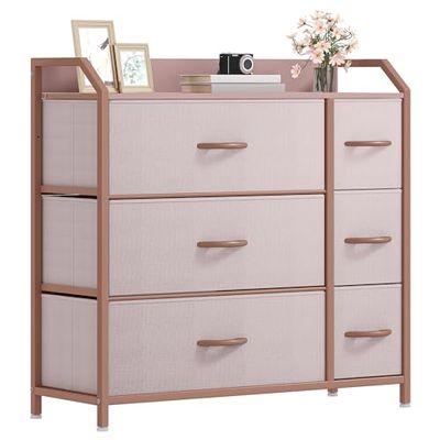 DWVO Ladecommode, stoffen ladekast slaapkamerkast met 6 laden, dressoir voor slaapkamer, woonkamer met handgrepen, houten bovenkant en stevig stalen frame, roze