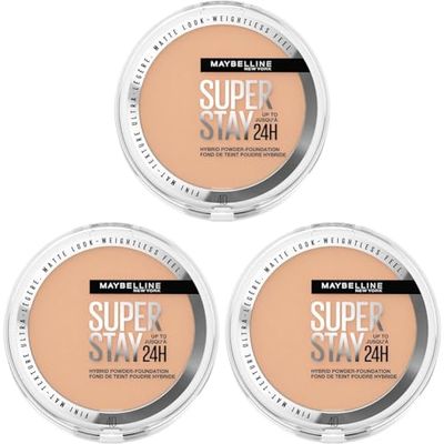 Maybelline Powder Foundation, Long-lasting 24H Wear, Medium to Full Coverage, Transfer, Water & Sweat Resistant, SuperStay 24H Hybrid Powder Foundation, 40 (Pack of 3)