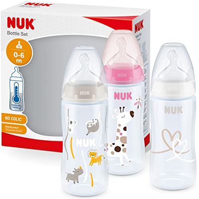 NUK First Choice+ nappflaska | 0-6 månader | Temperaturkontroll | Antikolik-ventil | 300 ml | BPA-fri | Dinapp i silikon | 3 delar | giraff (rosa)