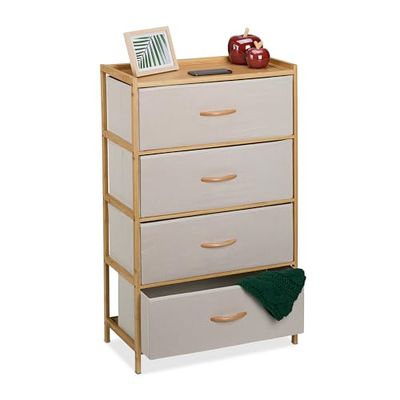 Relaxdays Cómoda de Bambú, 4 Cajones de Tela, Cajonera Salón, Aparador Dormitorio, 94 x 58 x 32,5 cm, Natural y Beige, Tablero de Fibras