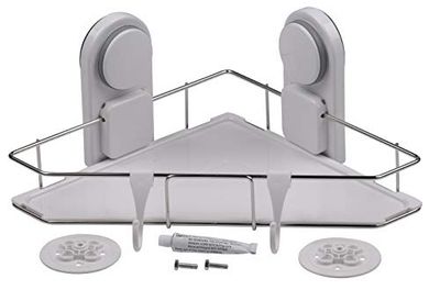 Alpina 871125290146 Corner Shelf with 2 Hooks, Stainless Steel, Silver, 26.8 x 26.8 x 14 cm