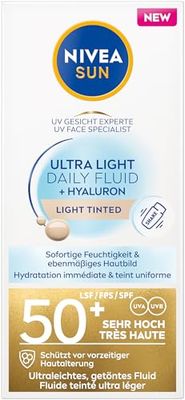NIVEA SUN Cura del viso colorata con SPF 50+, crema solare ultraleggera con acido ialuronico e antiossidante, esperto UV viso Ultra Light Daily, protezione solare fluido tipo di pelle chiara (40 ml)