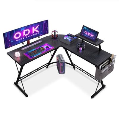 ODK Gaming tafel, gamingbureau hoekbureau voor gamers, bureau L-vorm met monitorstandaard voor kantoor (Koolstofvezel Zwart, 127 x 127 cm)