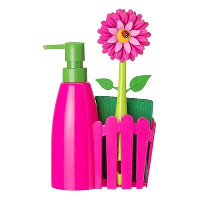 Vigar - Conjunto de lava-loiças, conjunto de suporte, escova para lavar louça, esponja, PIXI 7 x 14 x 26,5 cm, Flower Power, com dispensador, bandeja de 3 peças, magenta