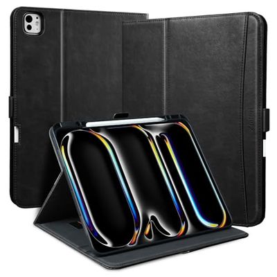 Zinibri Handcrafted Case for iPad Pro 13 Inch 2024 M4 A2925 A2926 with Pencil Holder & Hand Strap & Pocket PU Leather Stand Protective Folio Cover Compatible with iPad Pro 13 2024 (7th Gen),Black