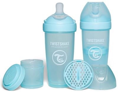 Twistshake 2x Pro Double Anti-Koliek Babyfles met Melkpoedercontainer en Mixer - 330 ml | Snelle Stroom Siliconen Borstachtige Speen | BPA-Vrije Babyfles | Geschikt voor Baby's Vanaf 4m+ | Blauw