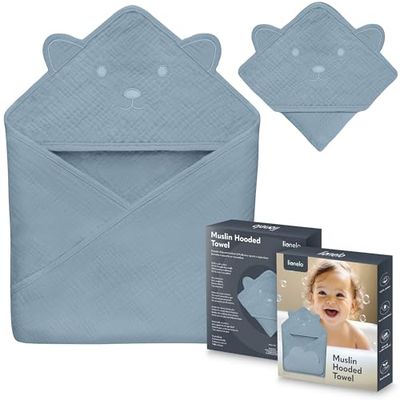 lionelo Baby Hooded Towel 100% Natural Muslin Cotton 80x80cm Absorbent Bath Towel with Hood for Newborns & Toddlers 6 Colours Soft & Breathable, Swaddle Muslin, Nursery Blankets (Blue, 80x80 cm)