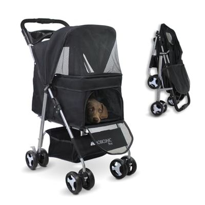 Mobiclinic® pets, Passeggino per cani, Ideale di piccola taglia e anziani, Zuma, Fino a 15 kg, Ruote con freni 360°, Cestino xxl, 3 finestre cerniera zanzariera, Portabicchieri (nero)