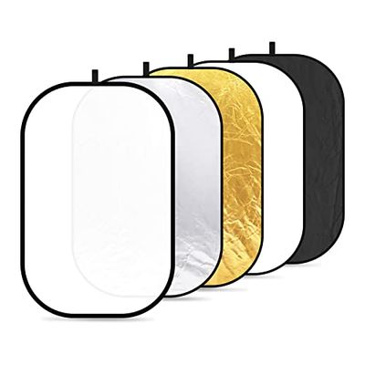 Neewer® Refletor de luz oval 5 em 1, 120 x 180 cm, dobrável, profissional, com superfície translúcida, prata, preto, dourado, branco