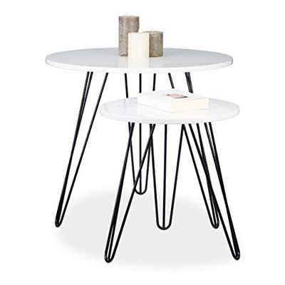 Relaxdays Mesa auxiliar branca redonda, conjunto de 2 unidades, mesas centro de design, DM - metal, 60 e 40 cm Ø, branco